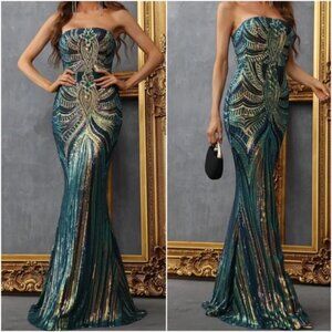 Luxe Sequin Strapless Evening Party Prom Wedding Dress